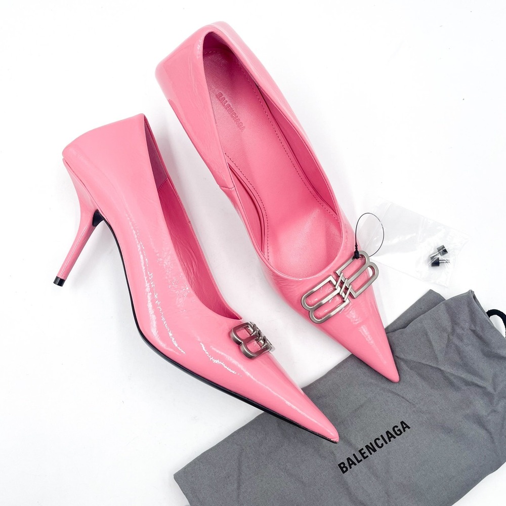 Balenciaga BB Square Knife Pumps Pink Patent Leather Pointed Tie Sz 38 /‎ 8